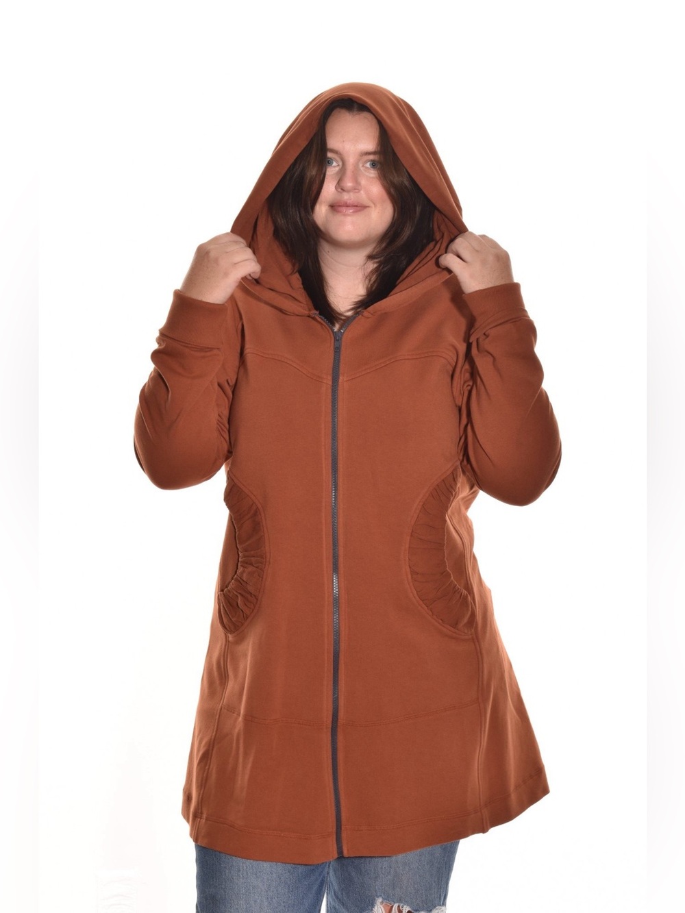 New Color Me Cotton Zip Front Long Hoodie Color Brick Boho Autumn Cozy Size XS